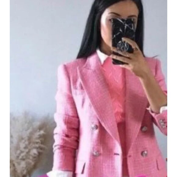 Zara Pink Tweed Textured Double Breasted Blazer Jacket Size S 7553/687 Barbie - Picture 3 of 16